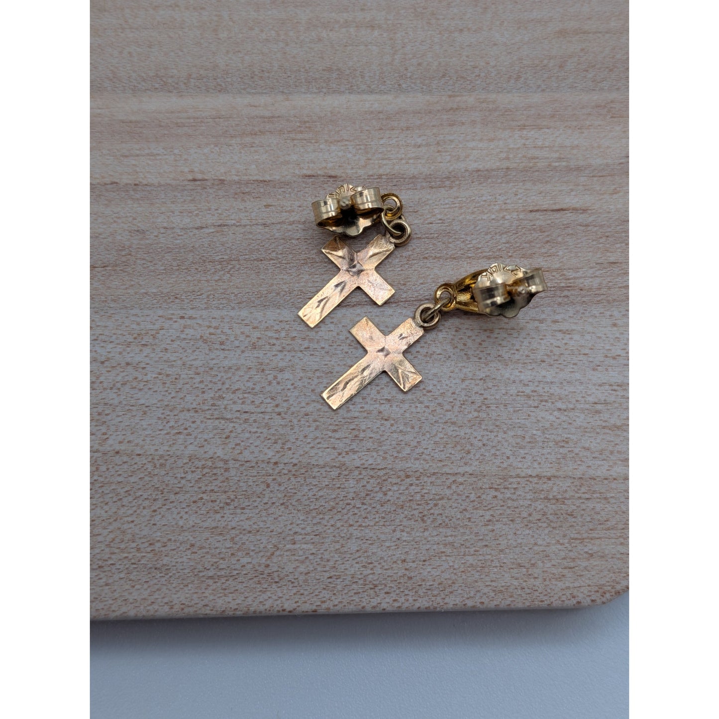 Vintage 14k Yellow Gold Dainty TINY Diamond Cut Cross Charm Earrings