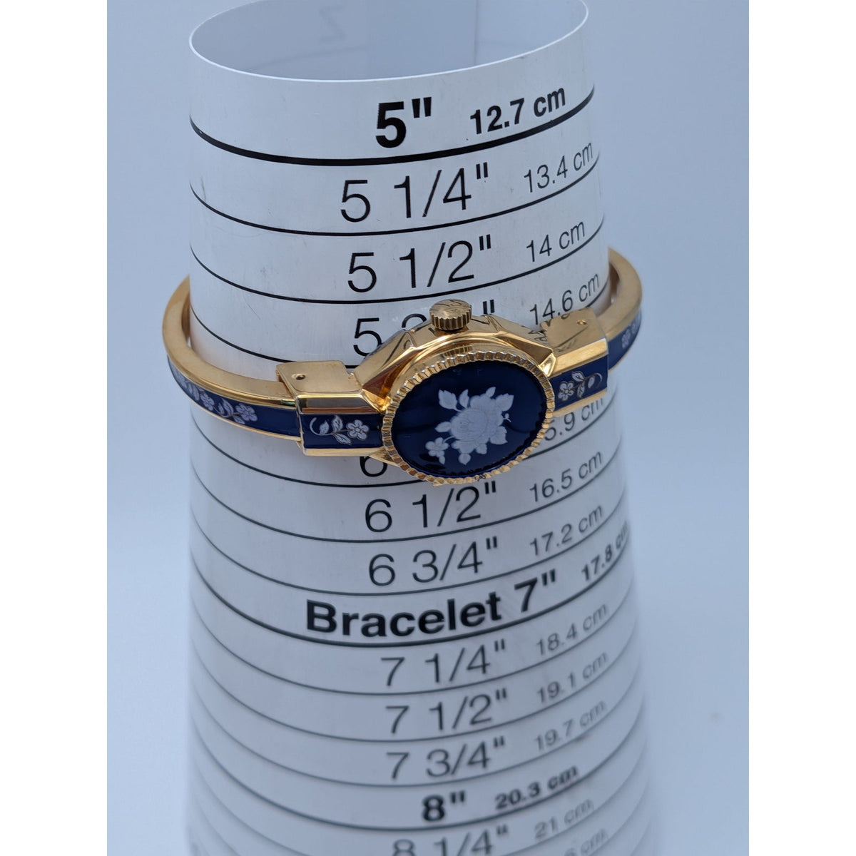 Vintage Andre Mouche Gold Tone Peekaboo Watch Dark Blue Enamel White Flowers