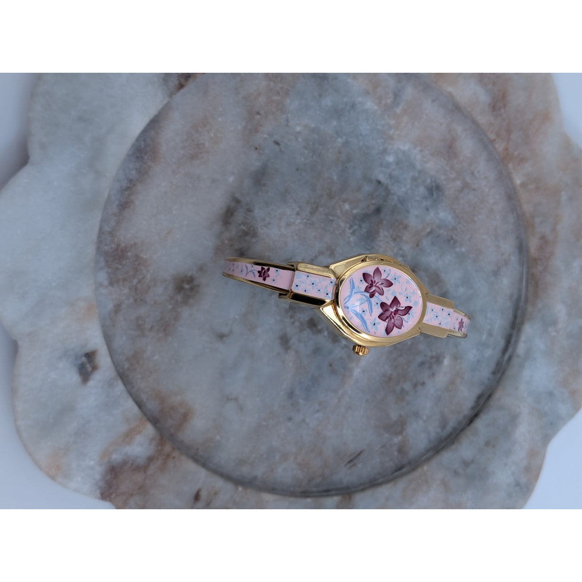Preowned Andre Mouche Gold Tone Peekaboo Watch Pink Enamel Purple Flowers