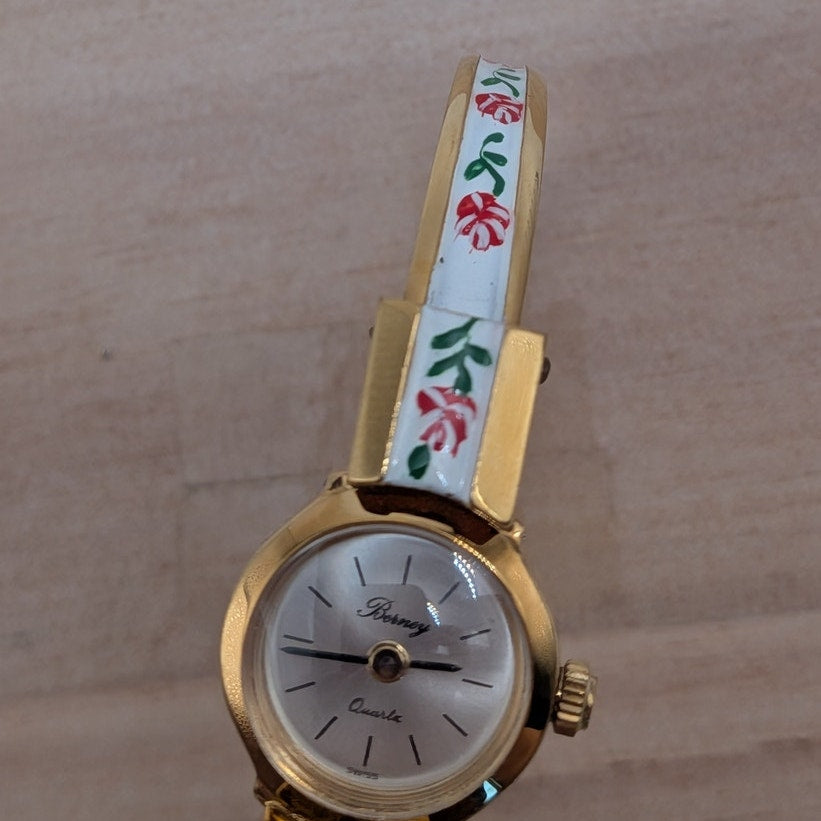 Vintage Berney Gold Tone Watch White Enamel with Red Flowers