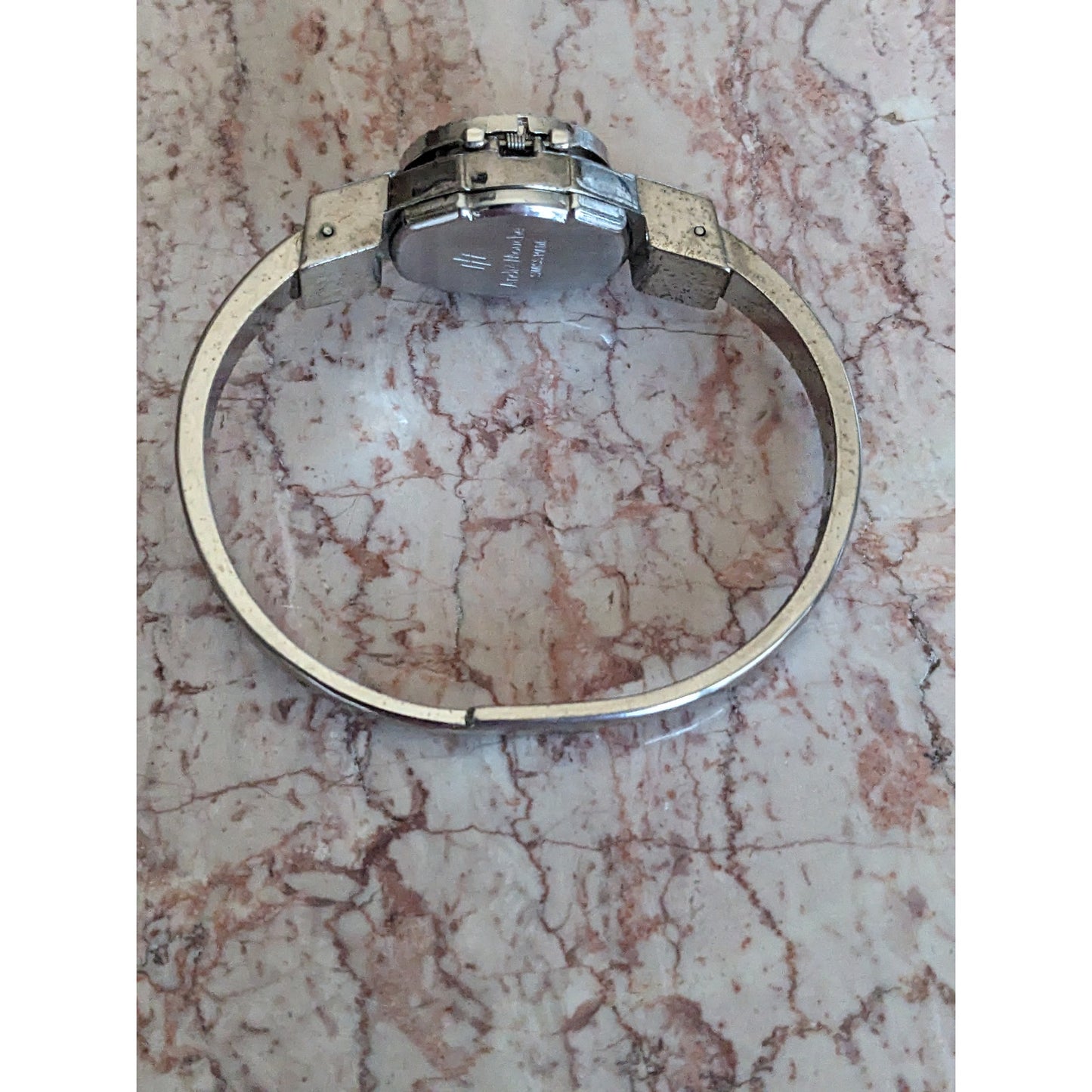 Vintage Andre Mouche Silver Tone Bangle Watch Black Enamel Cream Flowers