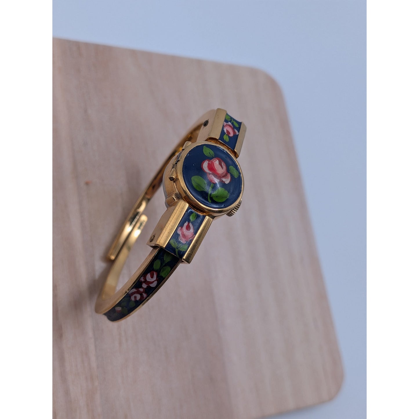 Vintage Catorex Gold Tone Peekaboo Manual Watch Blue Enamel Red Flowers