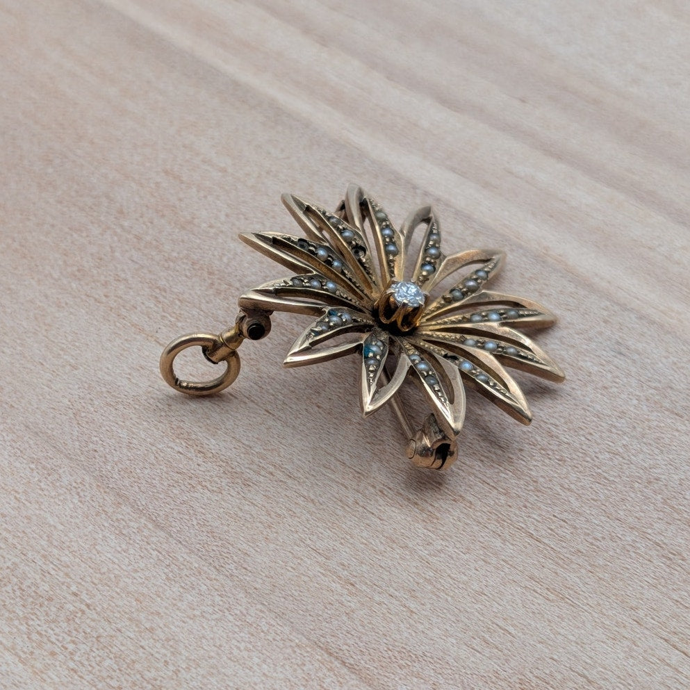 FLAW Vintage 10k Yellow Gold Seed Pearl Diamond Star Brooch Pendant