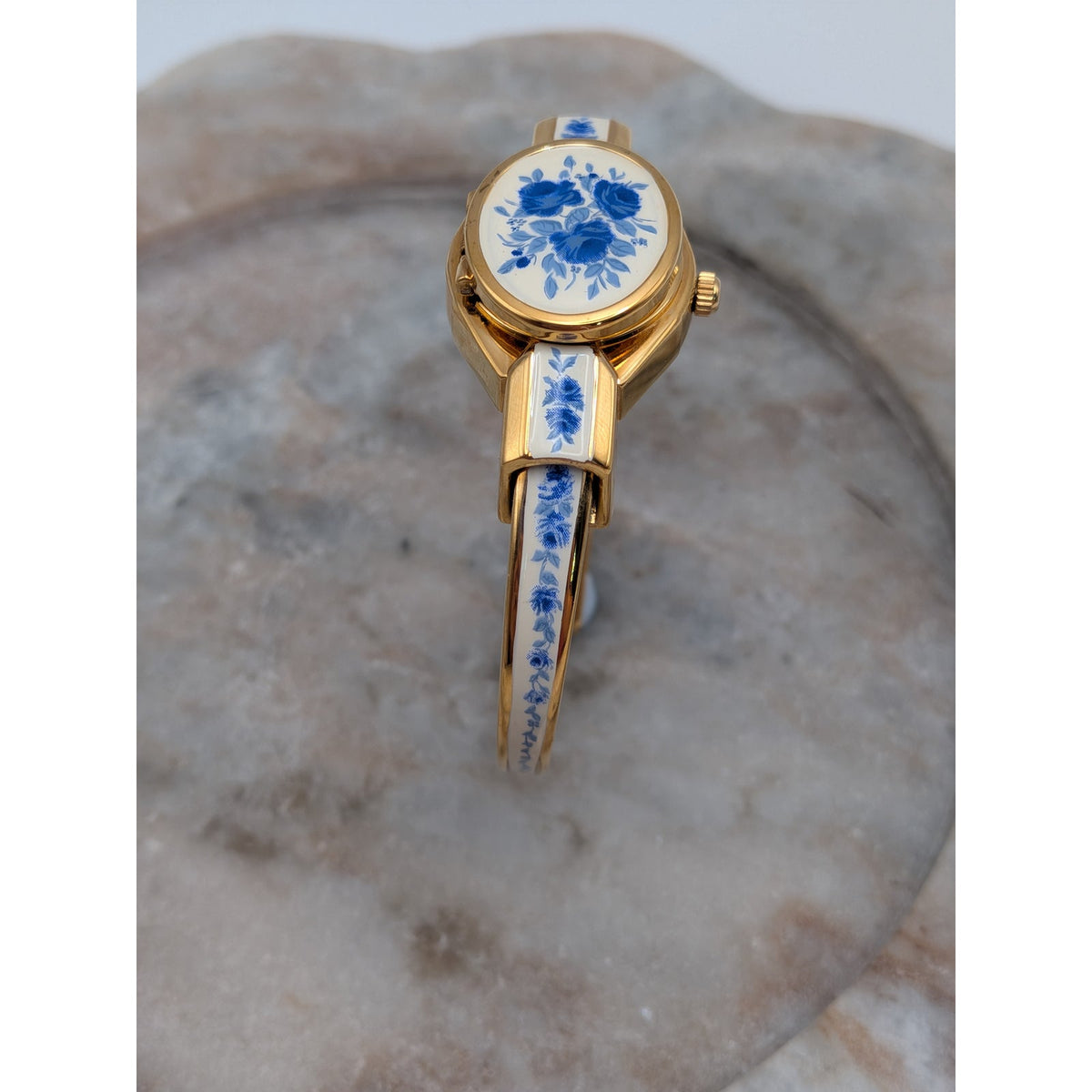 Andre Mouche Gold Tone Bangle Peekaboo Watch White Enamel Deep Blue Flowers