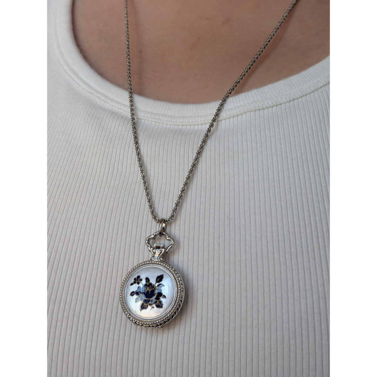 Vintage Andre Mouche Silver Tone Pendant Watch Necklace Grey Enamel Blue Flowers