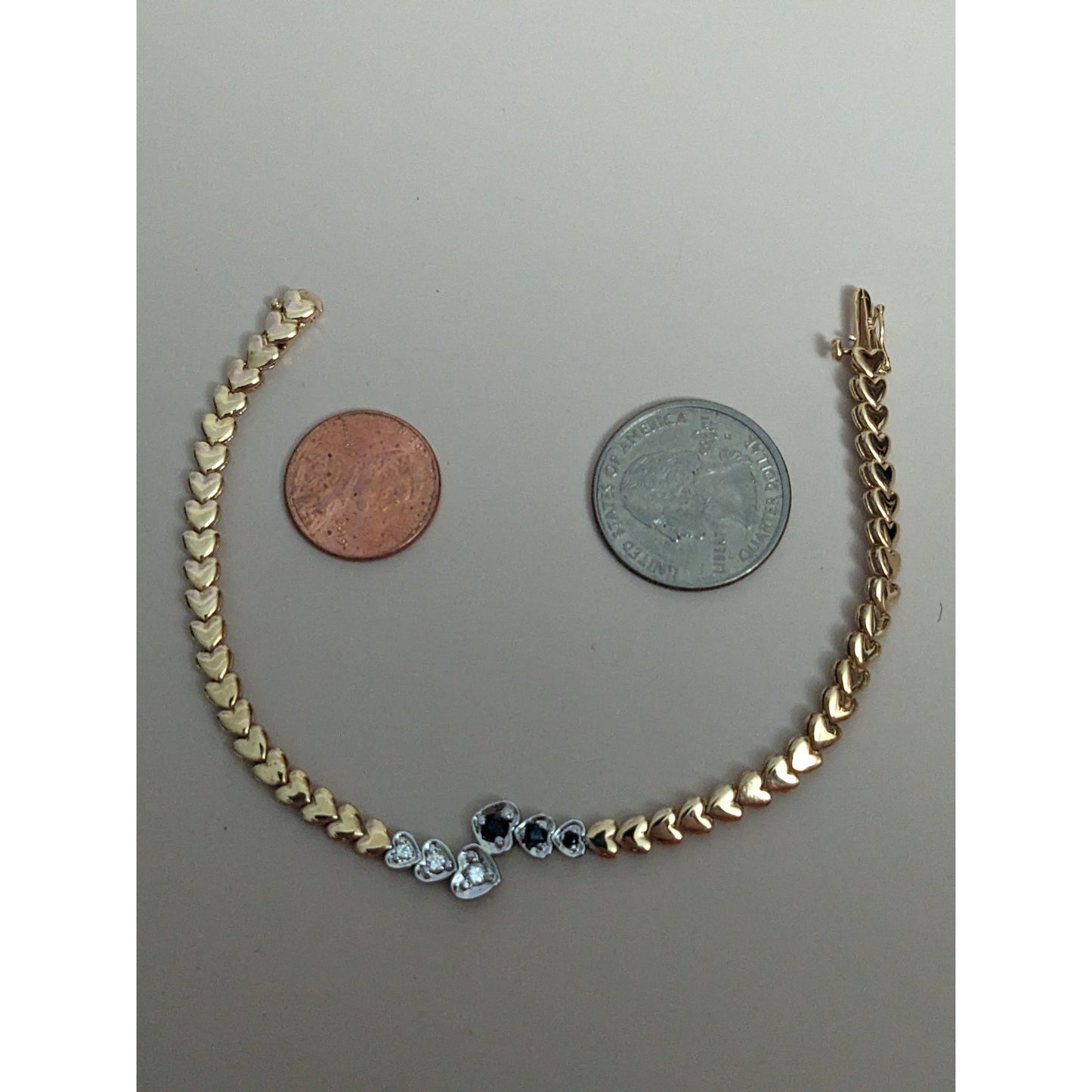 Vintage 14k Yellow Gold Heart Bracelet with Diamonds & Sapphires 7in