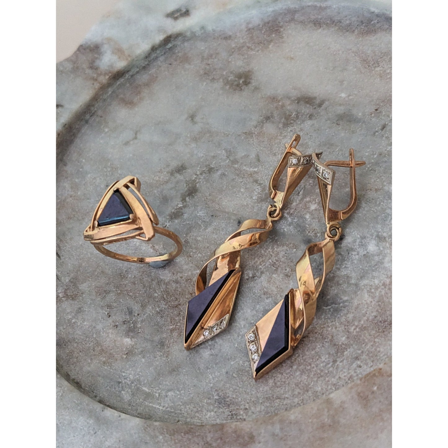 Vintage 1990s USSR 14k Gold Earring and Ring Size 7 Set Onyx and Diamonds