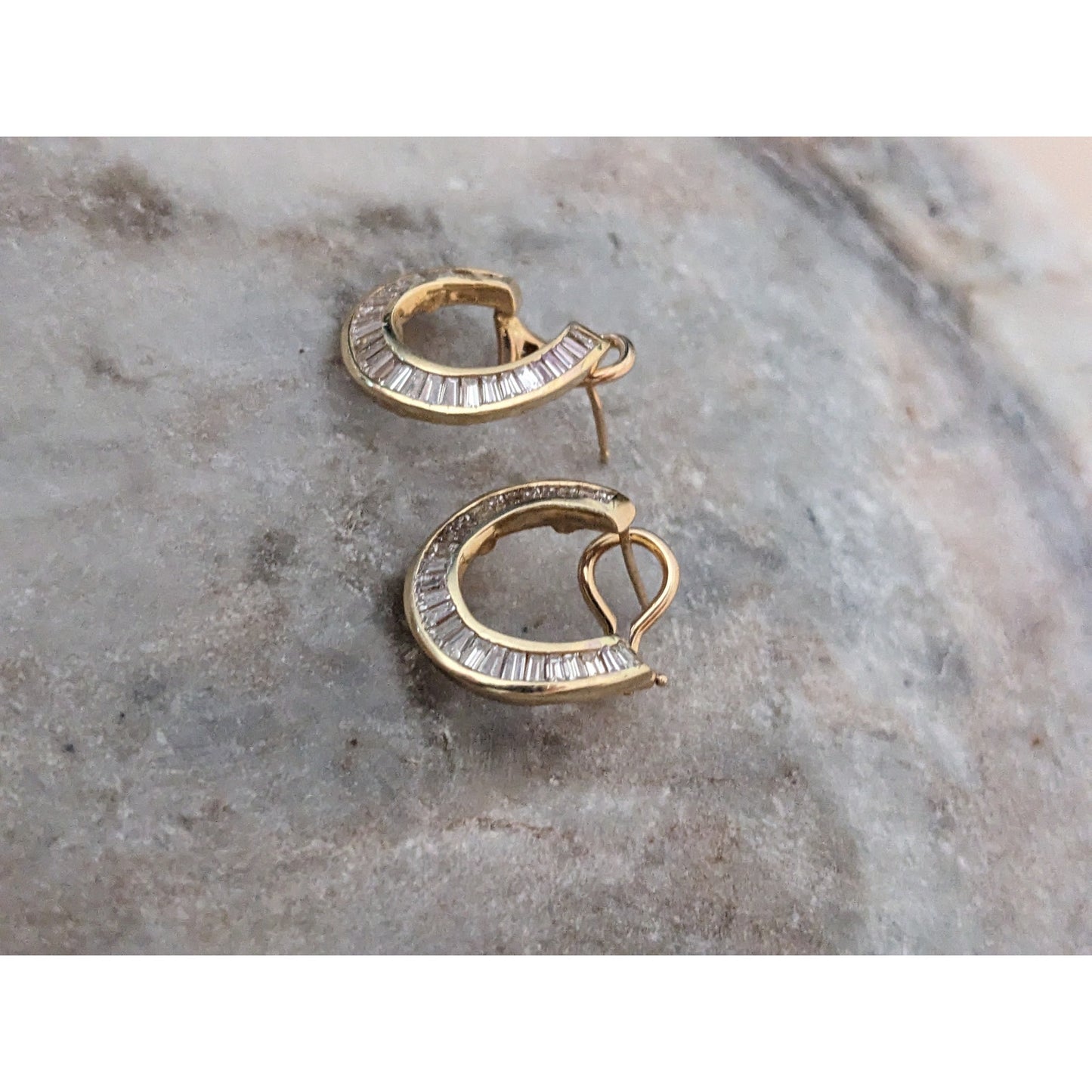 Estate 14k Yellow Gold Baguette Diamonds Omega Backing Earrings