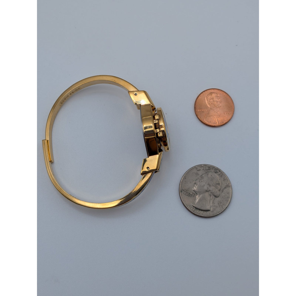 Andre Mouche Gold Tone Bangle Peekaboo Watch White Enamel Deep Blue Flowers