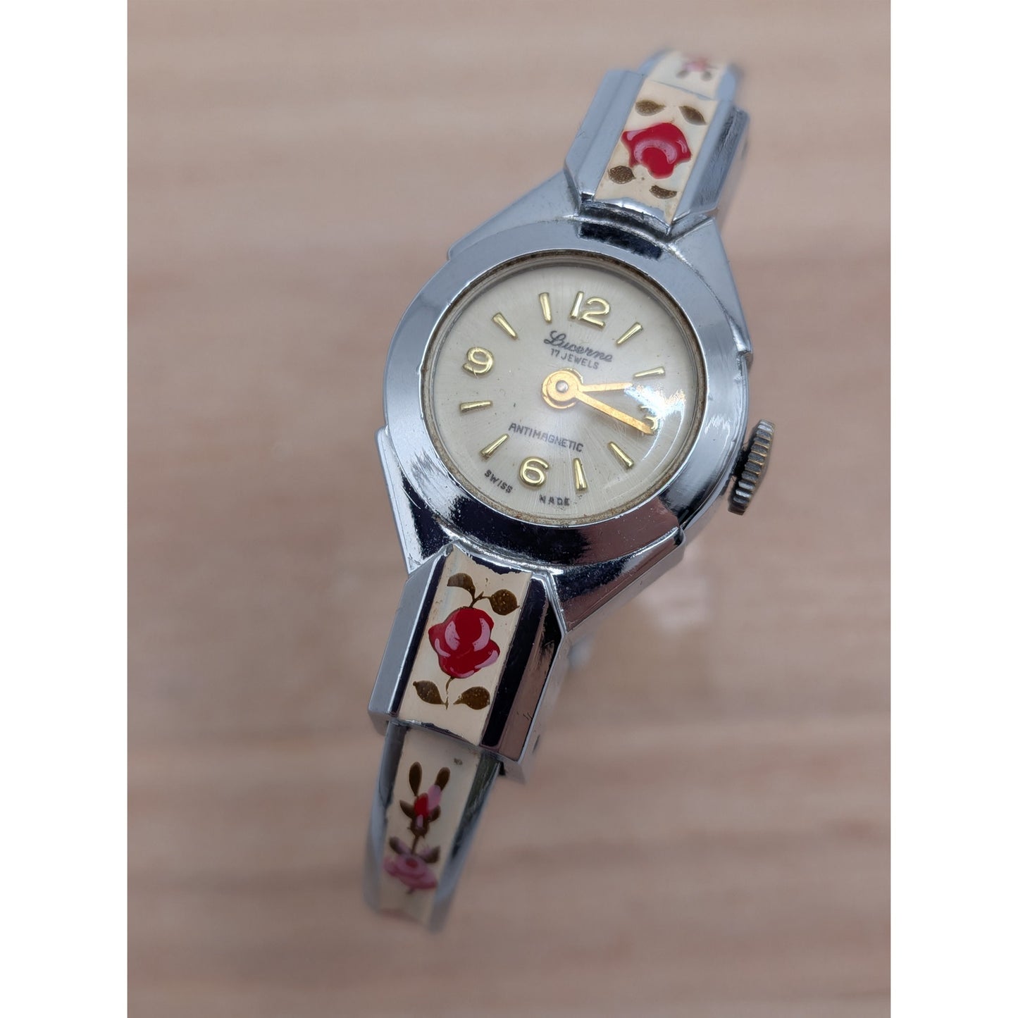 Vintage Lucerne Silver Tone Bangle Watch White Enamel Red Flowers