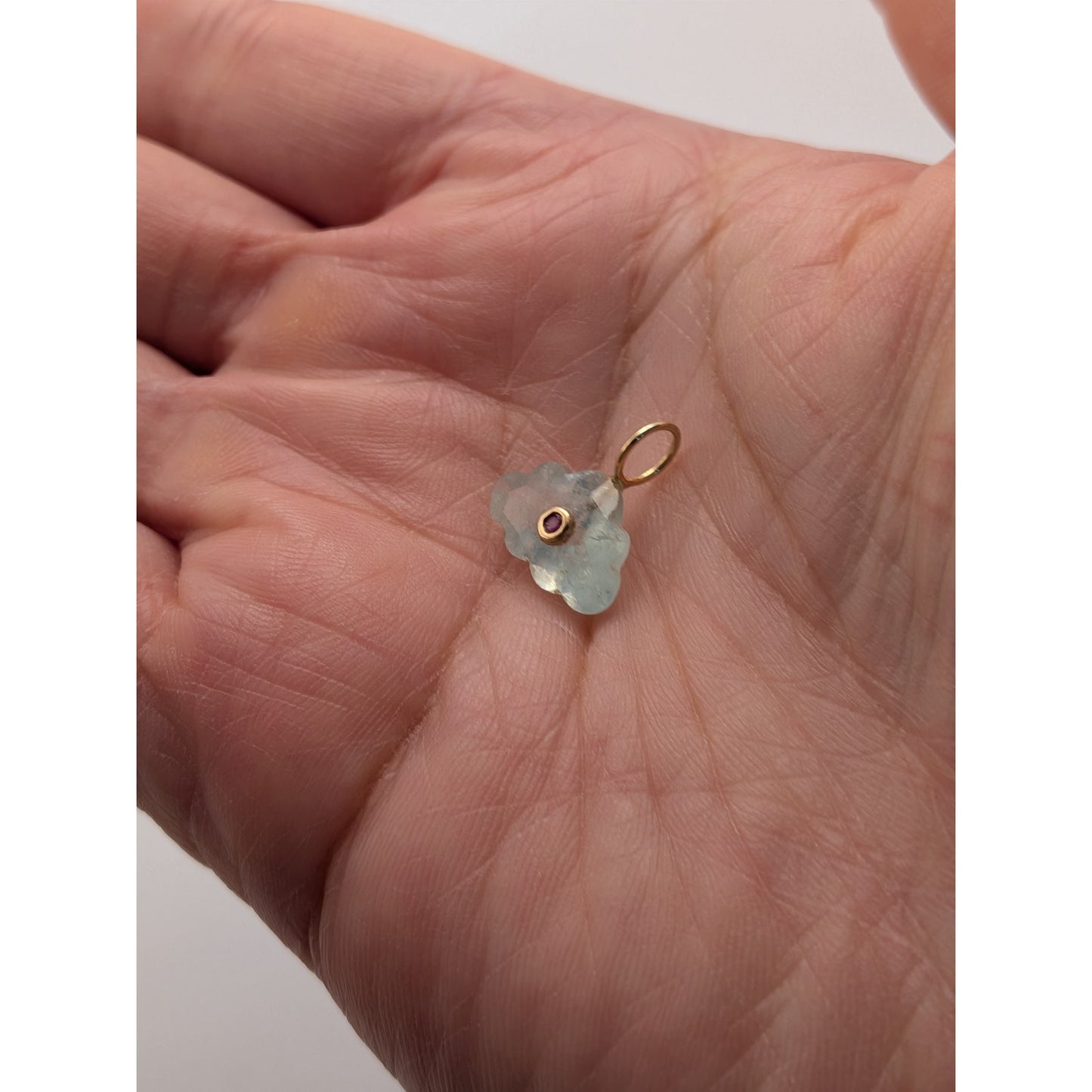 14K Gold Blue Topaz Cloud Pendant Natural Ruby Inlay Carved Gemstone