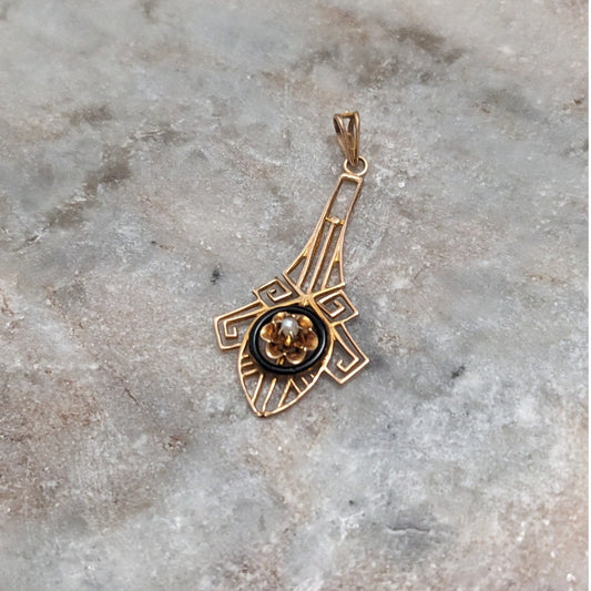 Vintage 10k Yellow Gold Pearl and Black Enamel Lavalier pendant