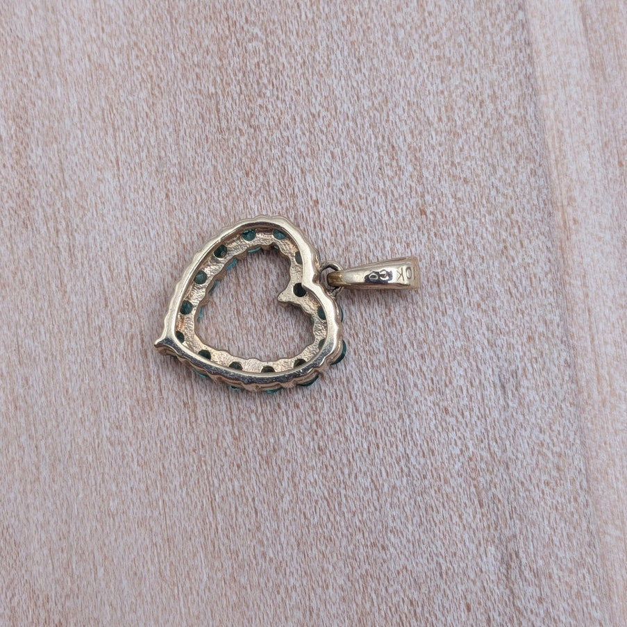 Estate 10k Yellow Gold Green and White Stone Mini Heart Pendant