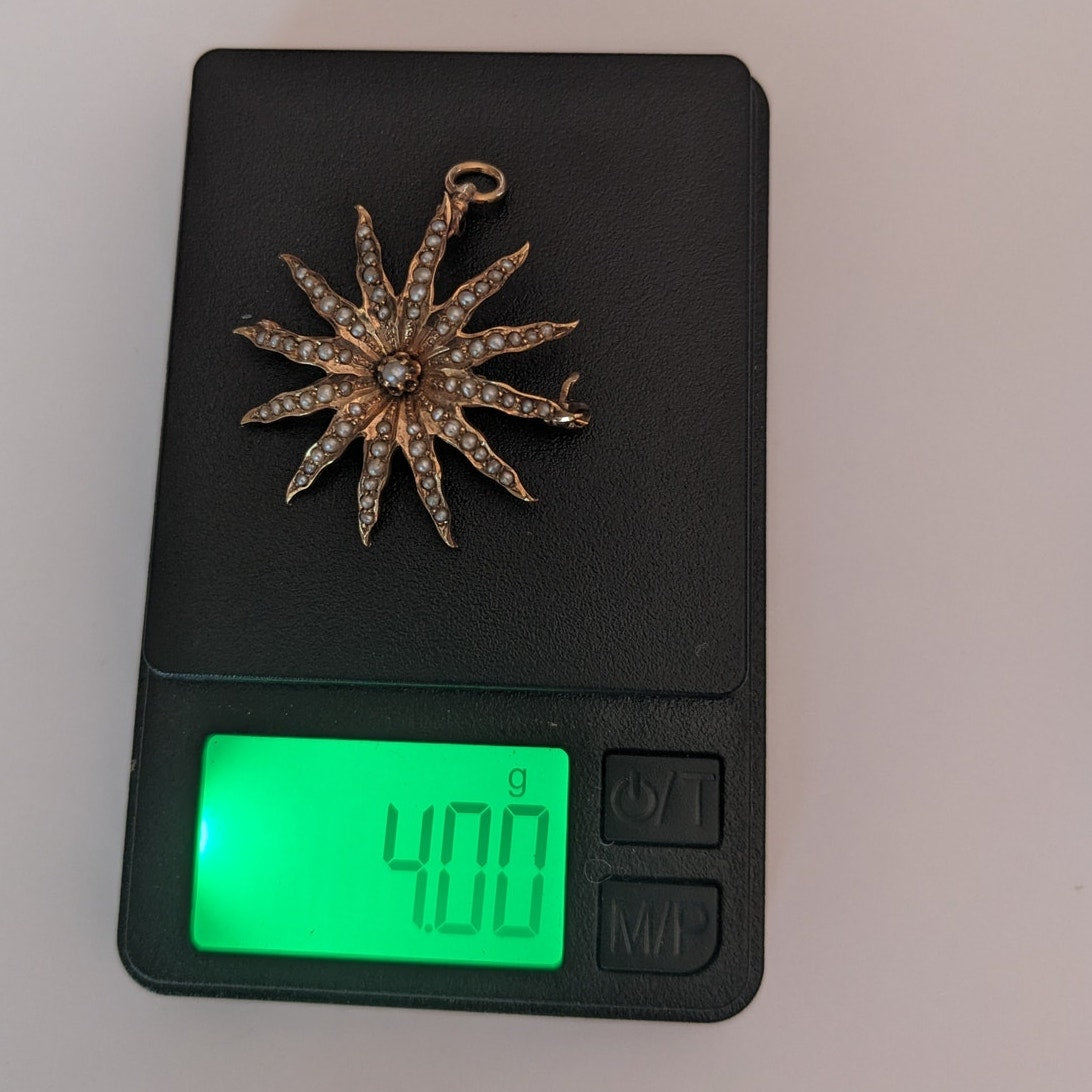 Vintage 10k Gold Starburst Sun with Seed Pearls Brooch / Pendant