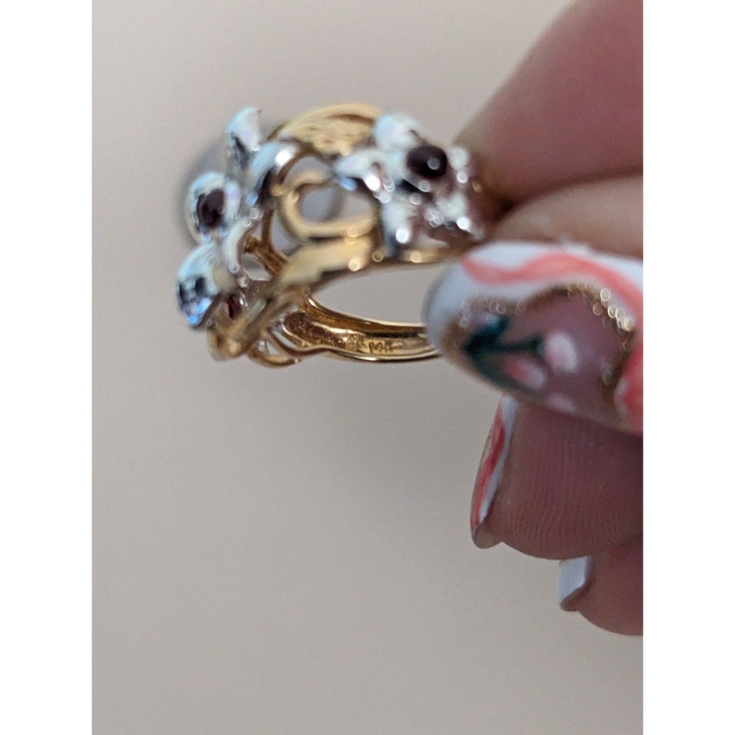 Estate 14k Yellow and White Gold Flower Ring with Pink Gems Size 5 US