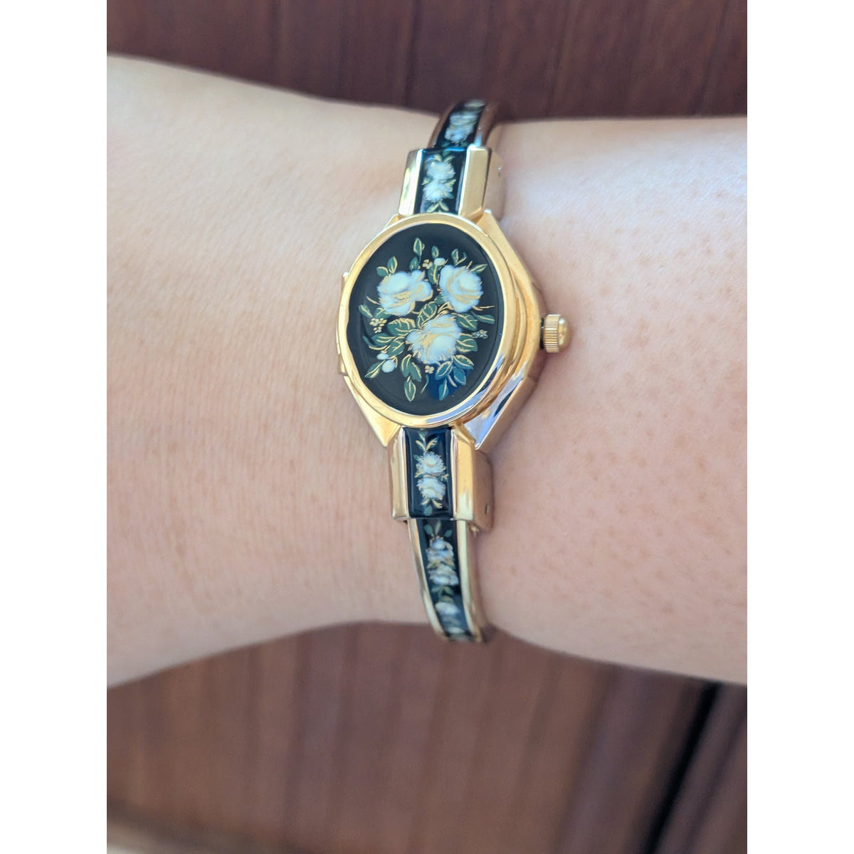 Preowned Andre Mouche 2000s Gold Tone Peekaboo Watch Black Enamel White Flowers