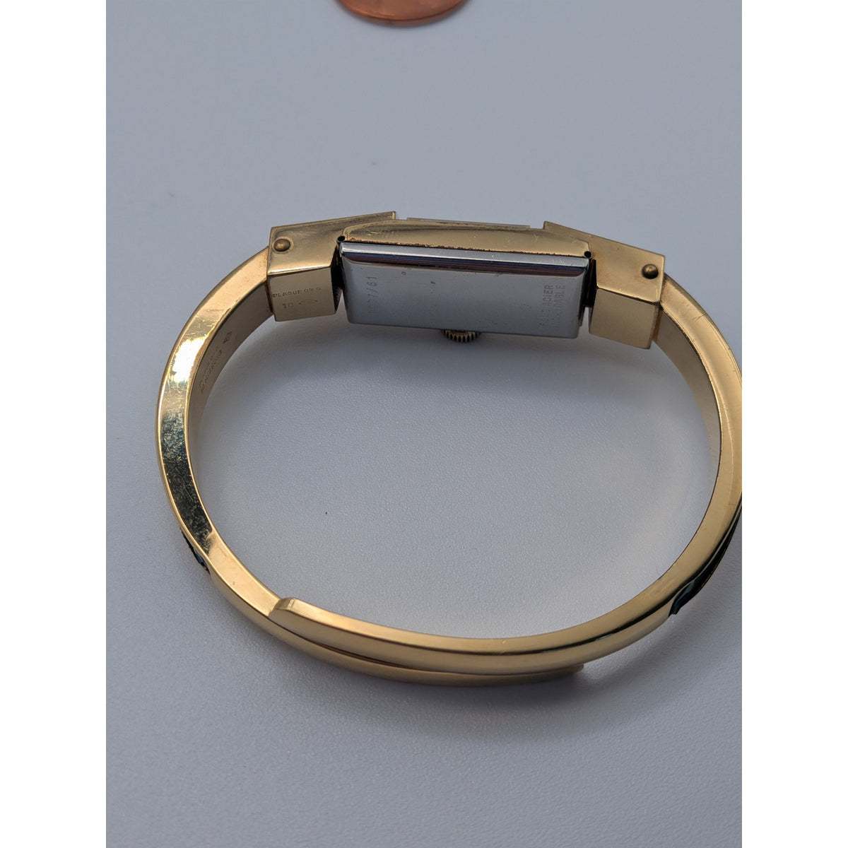 FLAW Vintage Bucherer Gold Tone Bangle Watch Green Enamel Gold Pattern Accent