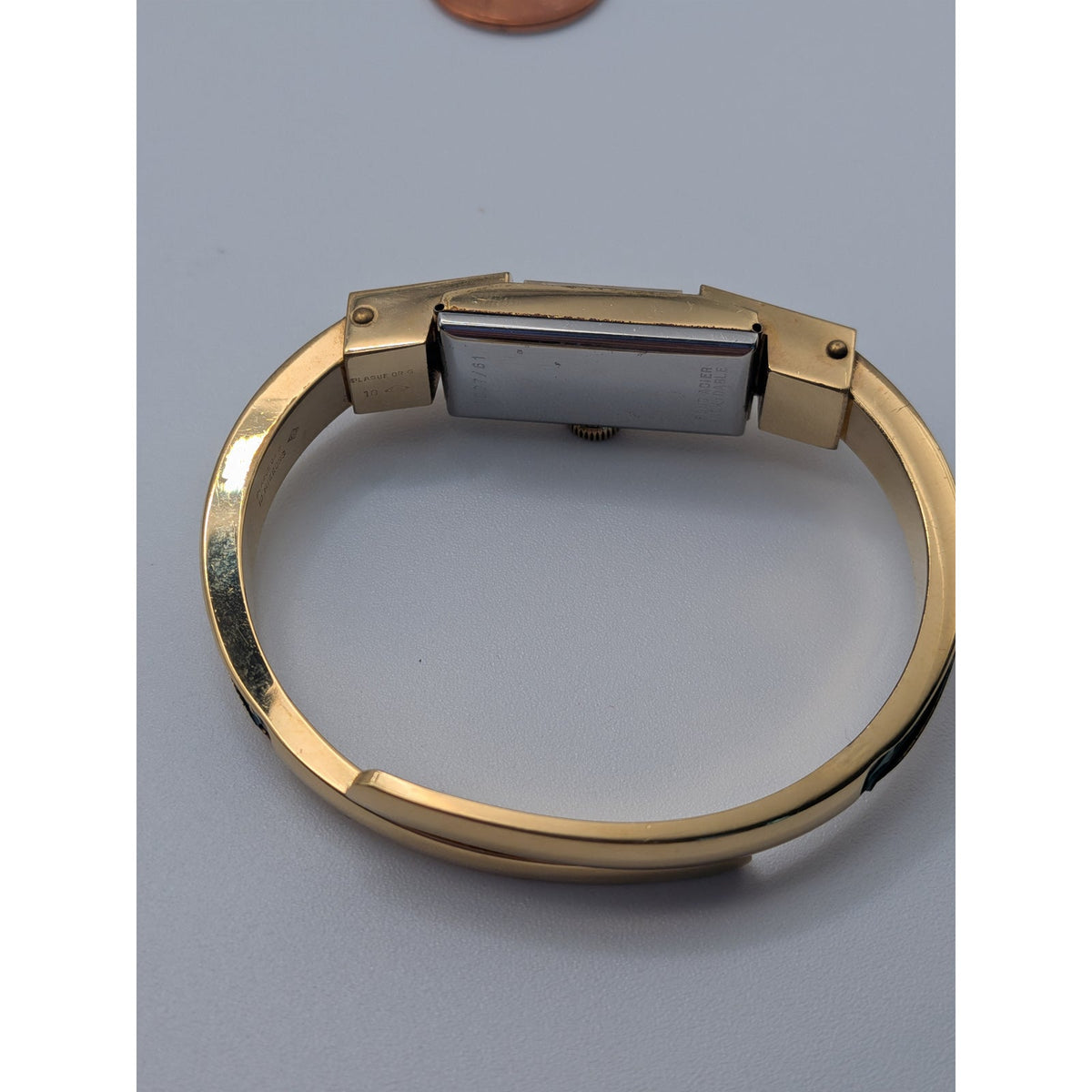 FLAW Vintage Bucherer Gold Tone Bangle Watch Green Enamel Gold Pattern Accent