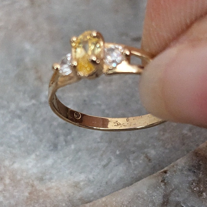 Vintage 14k Gold Mini Dainty Ring with CZ Yellow and White Stones Size 4.5US