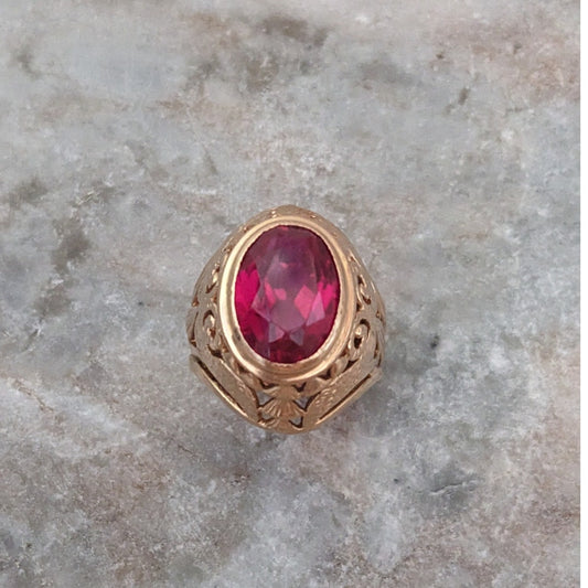 Vintage 1950s USSR 14k Gold Ornate Filigree Ring with Large Lab Ruby Size 8.5