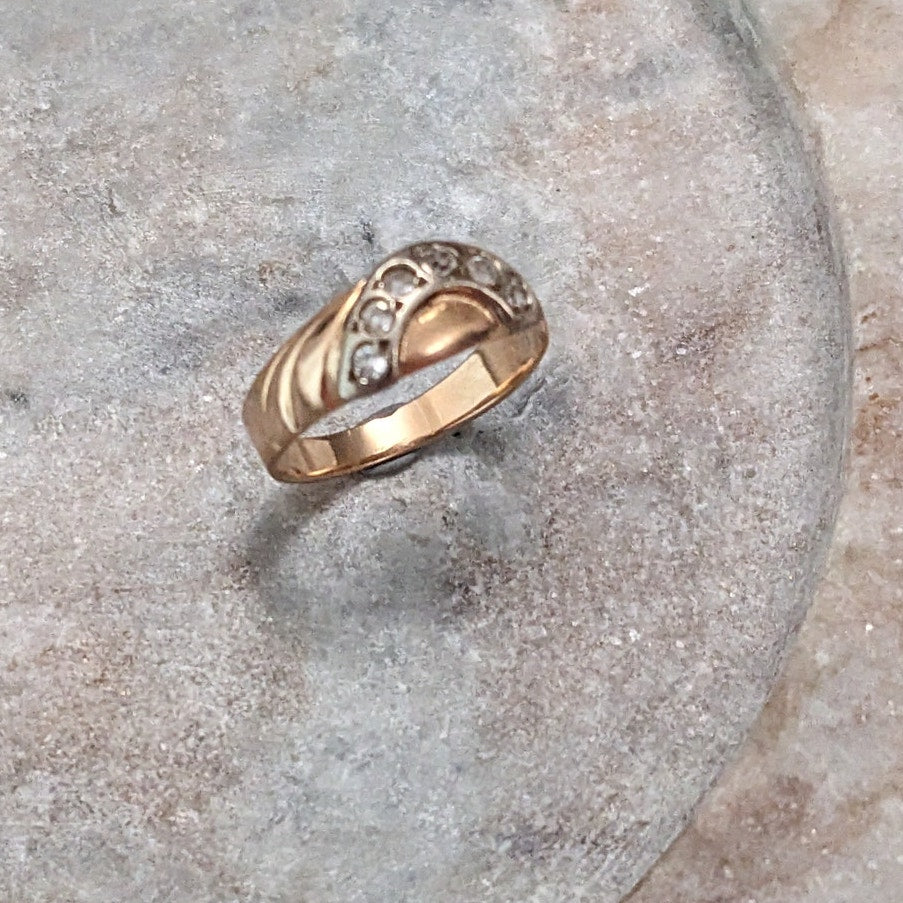 Vintage 1990s 14k Gold Half Circle White Stone Accents Ring Size 6.75