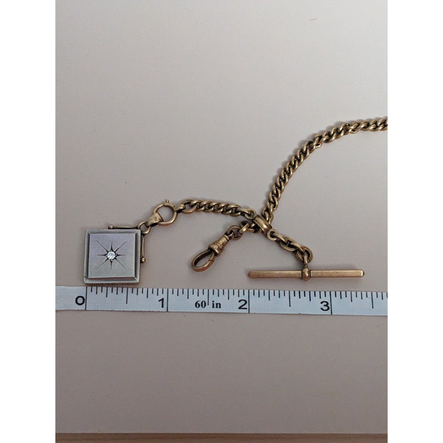 Vintage 18k Yellow Gold Watch Chain with White Gem Locket and T Bar