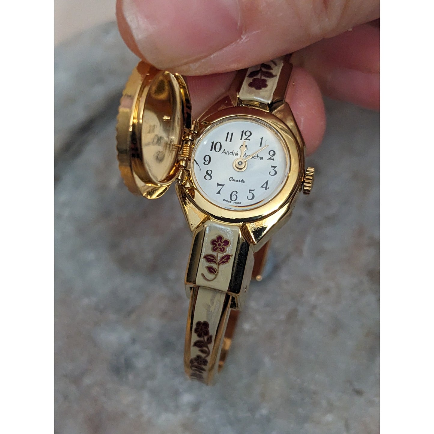 Vintage Andre Mouche Gold Tone Peekaboo Watch Creamy Enamel Red Flowers