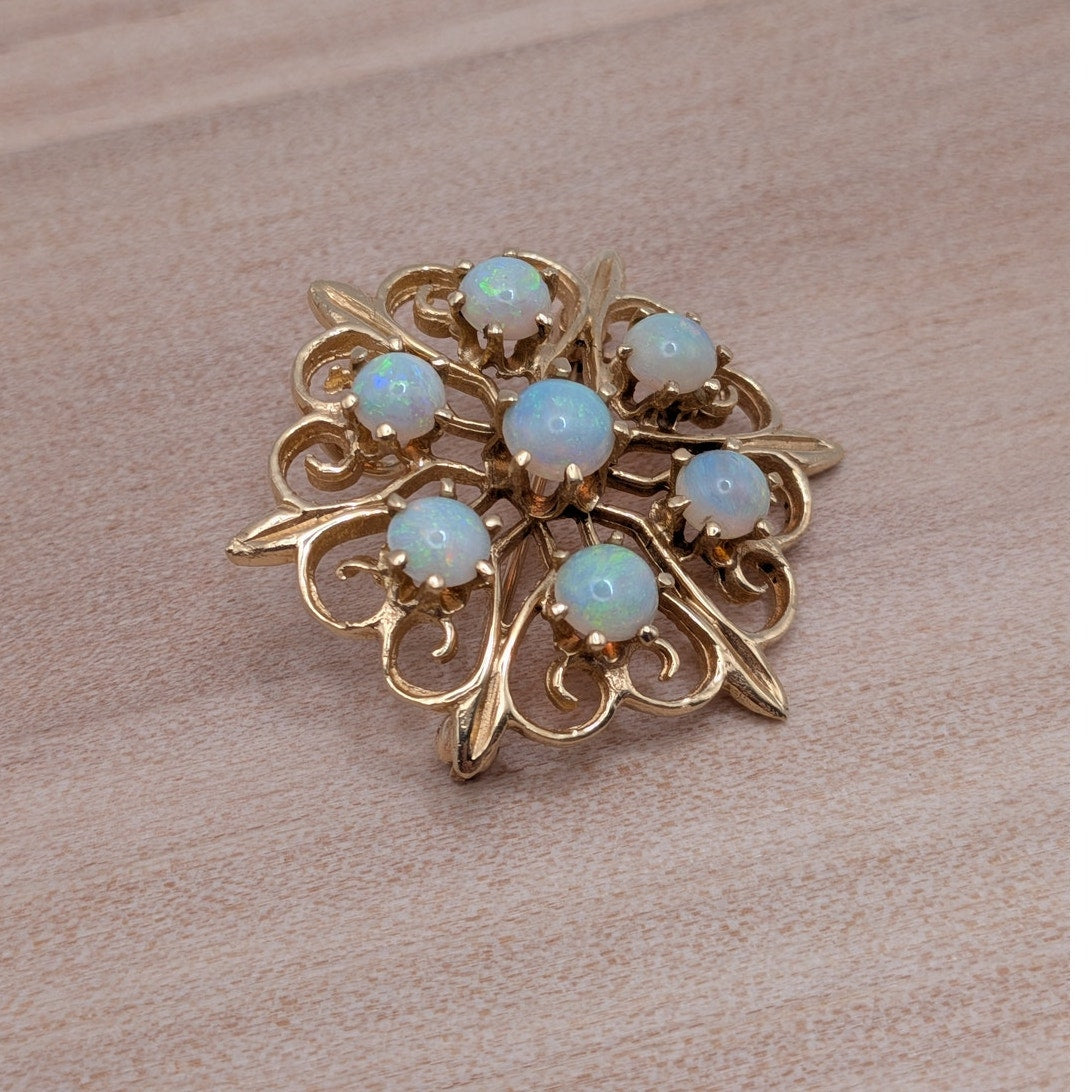 Vintage 14k Yellow Gold Cluster of Opals Flower Brooch or Pendant
