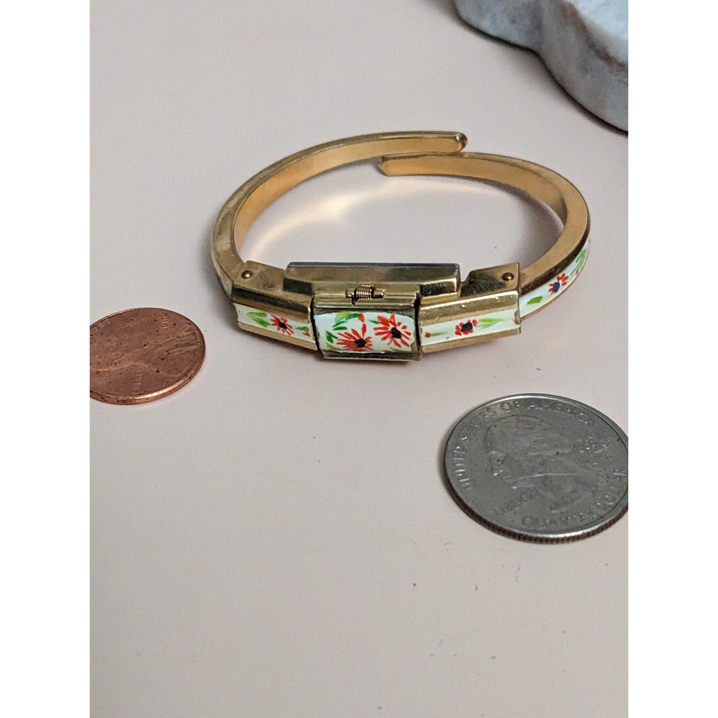 Vintage Andre Mouche Silver Tone Bangle Watch with Blue Floral Enamel Working