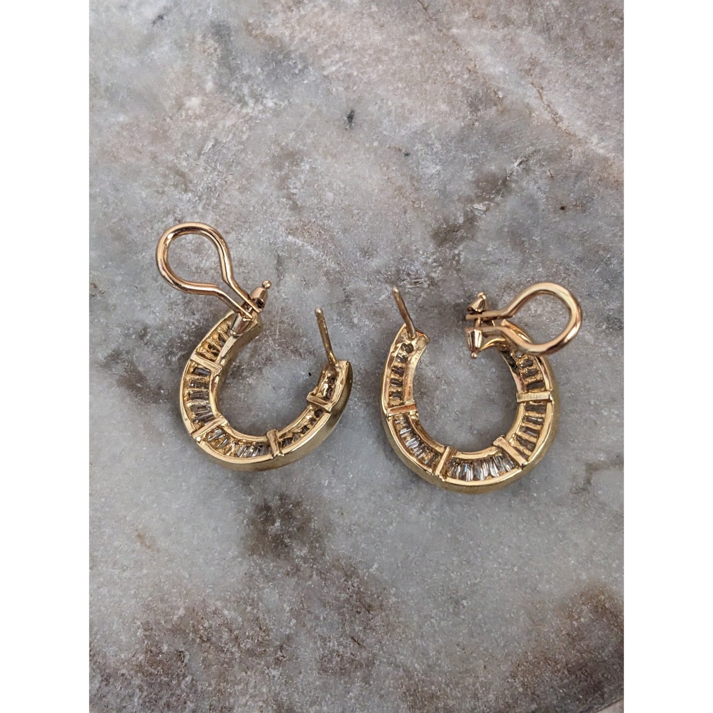 Estate 14k Yellow Gold Baguette Diamonds Omega Backing Earrings