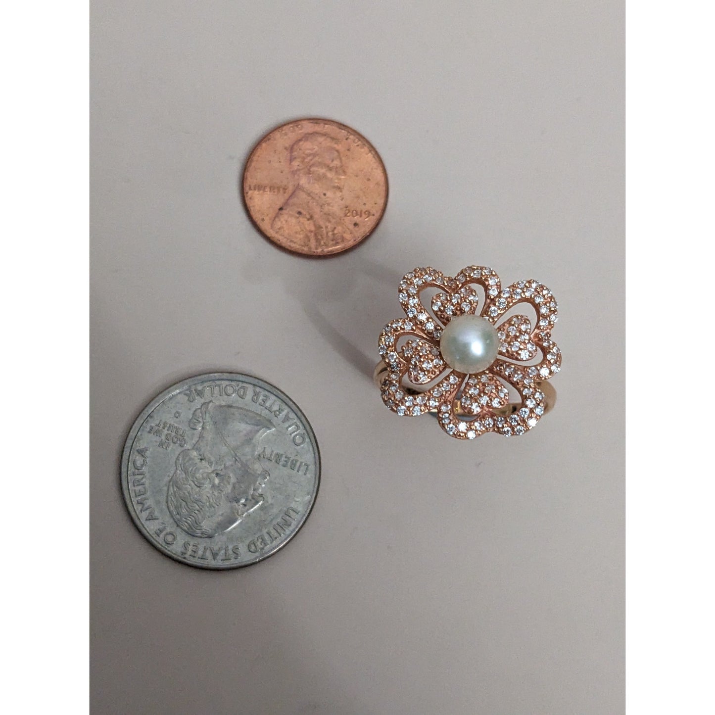 Vintage 14k Rose Gold Faux Pearl White Stone Accent Heart Clover Ring Size 8.25