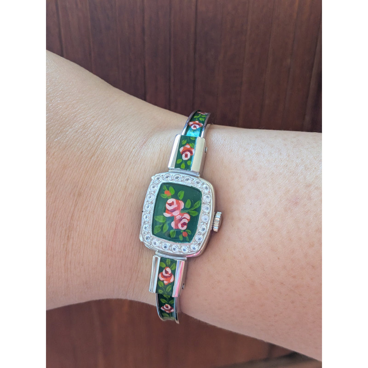 Vintage Chandler MANUAL Silver Tone Peekaboo Watch Dark Green Enamel & Flowers