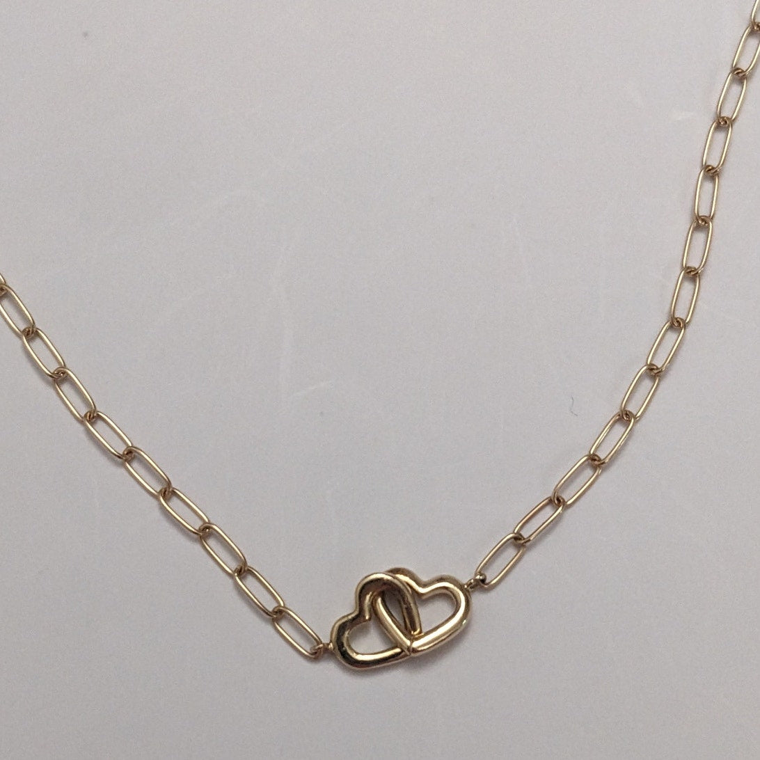 Preowned 14k Yellow Gold Paper Clip Necklace with Interlocking Hearts 17.5in