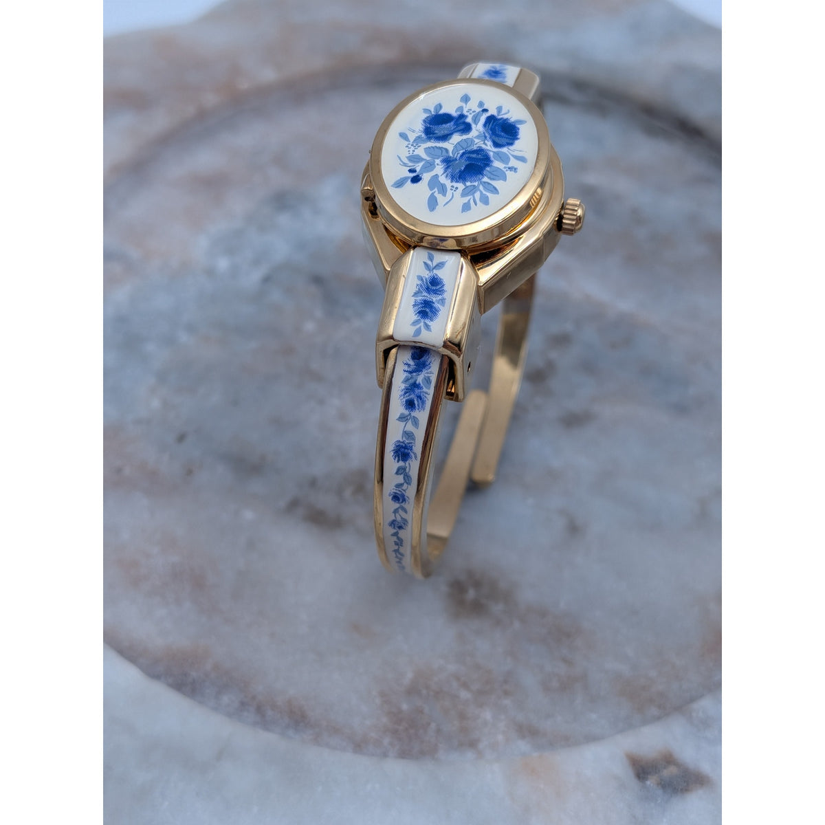 Preowned Andre Mouche Gold Tone Peekaboo Watch White Enamel Blue Flowers