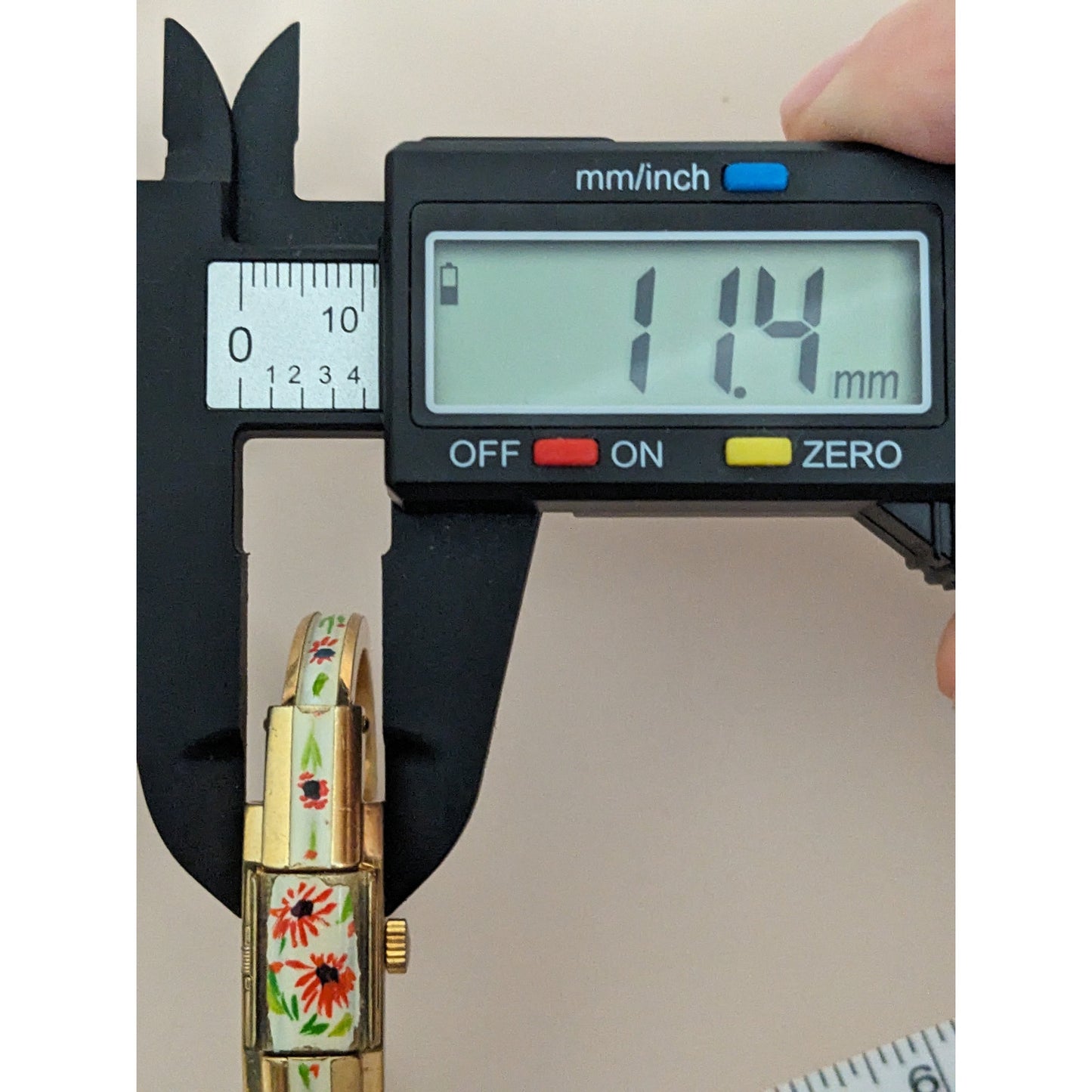 Vintage Andre Mouche Silver Tone Bangle Watch with Blue Floral Enamel Working