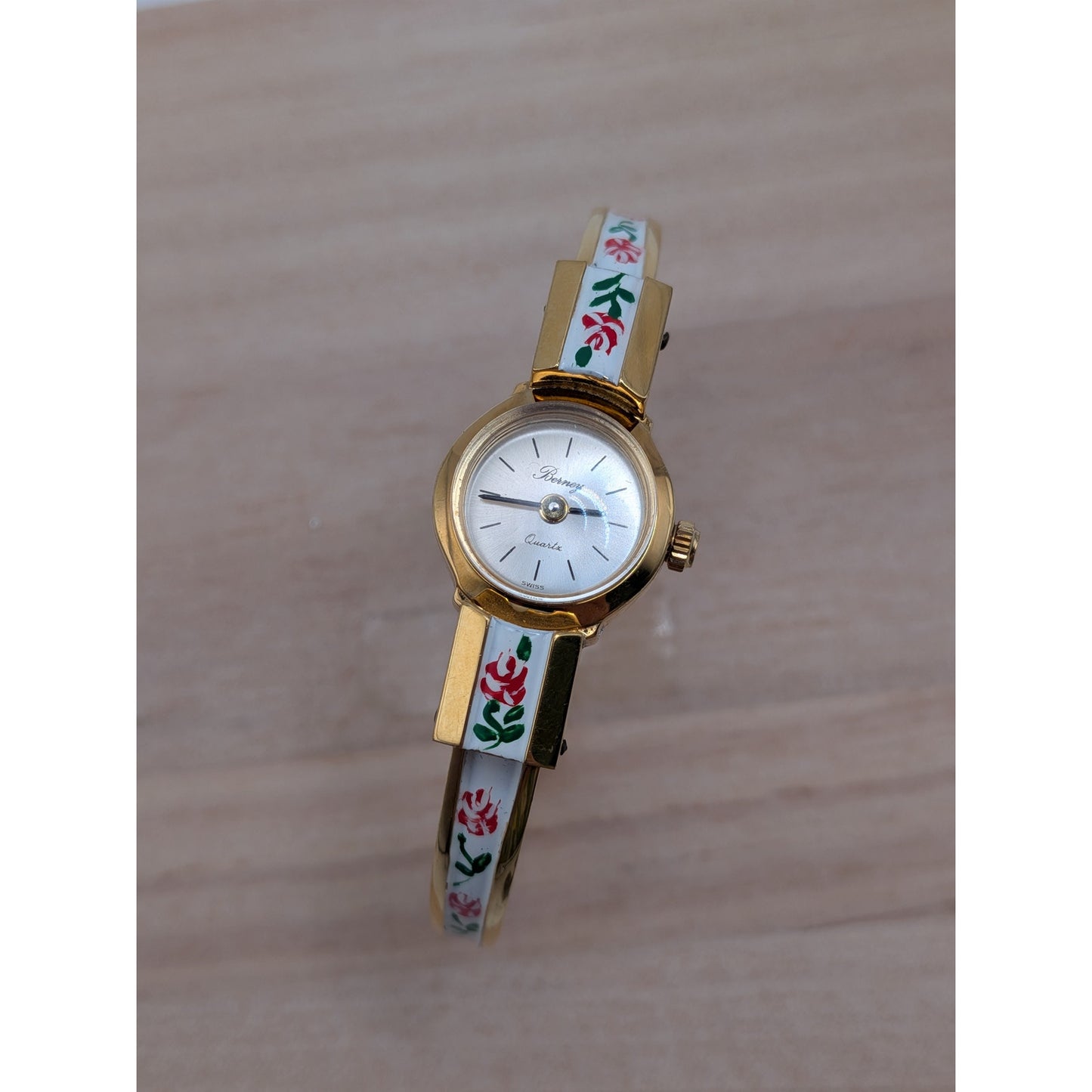 Vintage Berney Gold Tone Watch White Enamel with Red Flowers