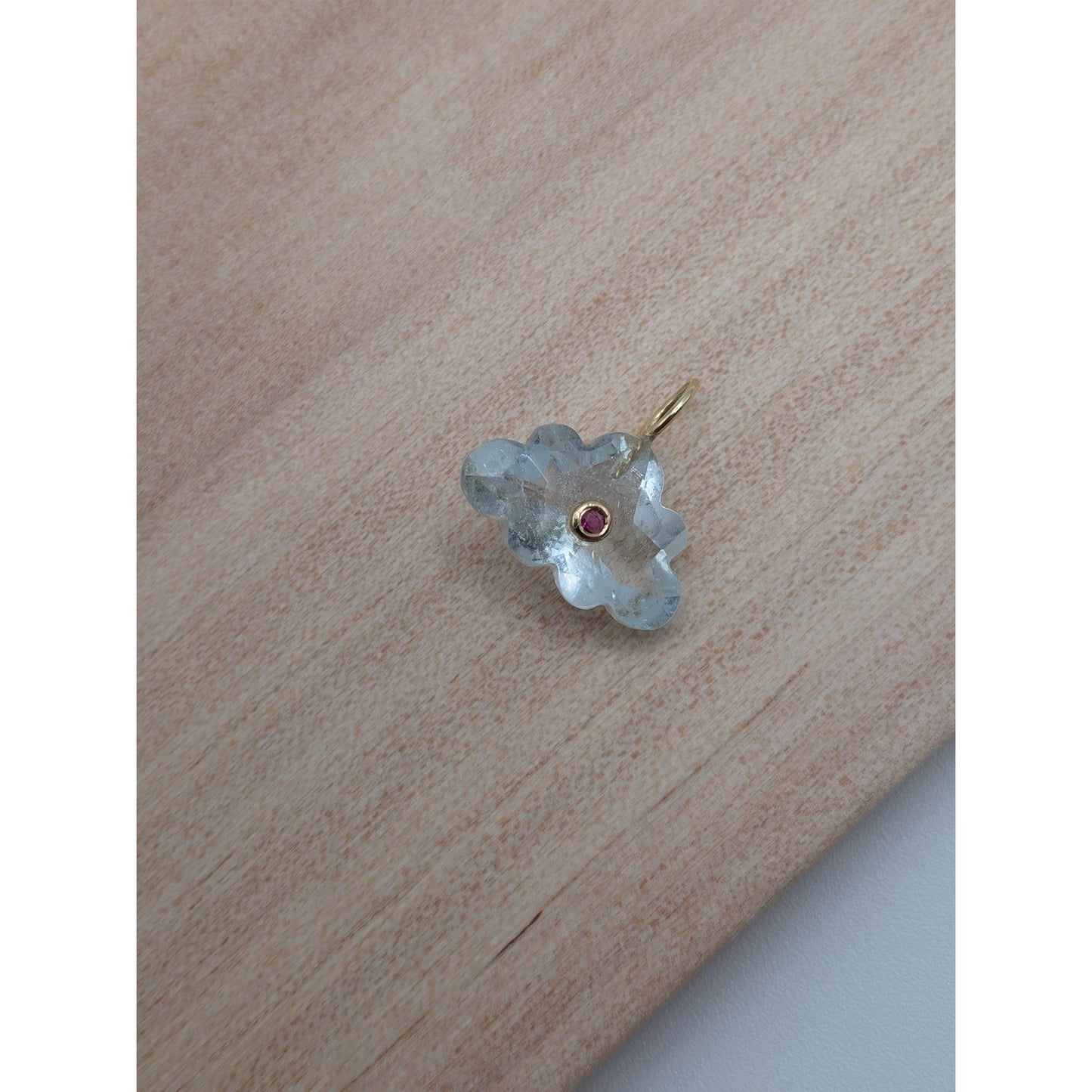 14K Gold Blue Topaz Cloud Pendant Natural Ruby Inlay Carved Gemstone