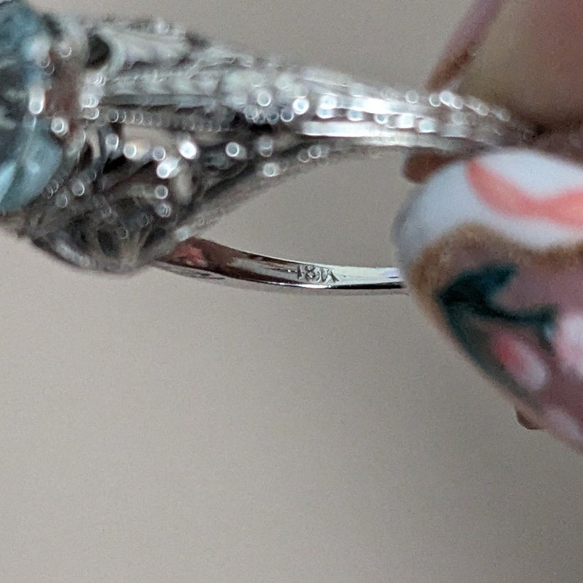 Vintage 18k White Gold Light Blue Gem with Filigree Design Ring Size 6.75 US