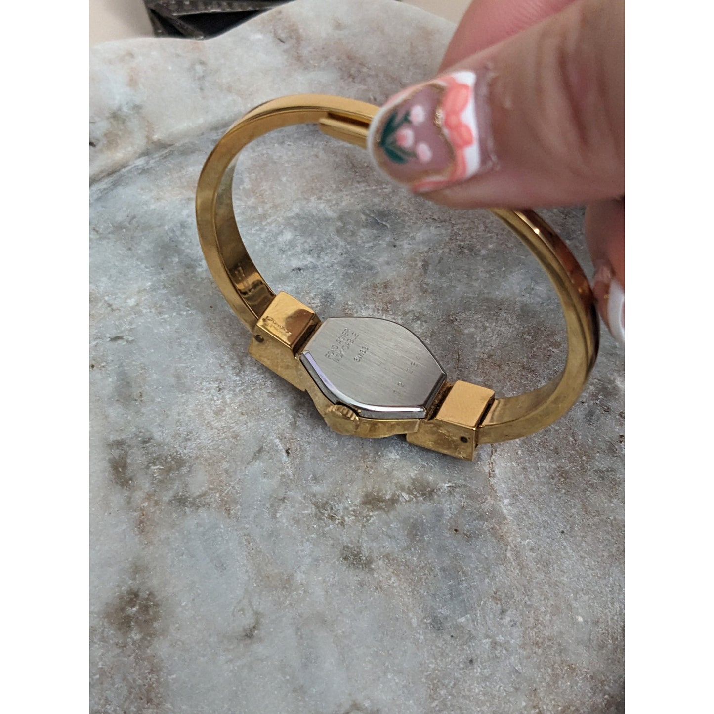 Vintage Andre Mouche Silver Tone Bangle Watch with Blue Floral Enamel Working