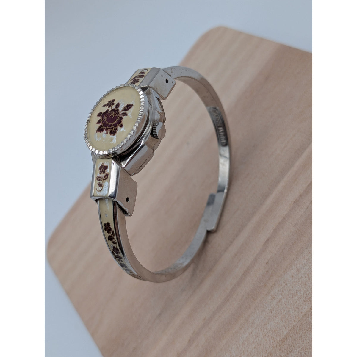 Vintage Andre Mouche Silver Tone Peekaboo Watch Cream Enamel Red Flowers w/ Box