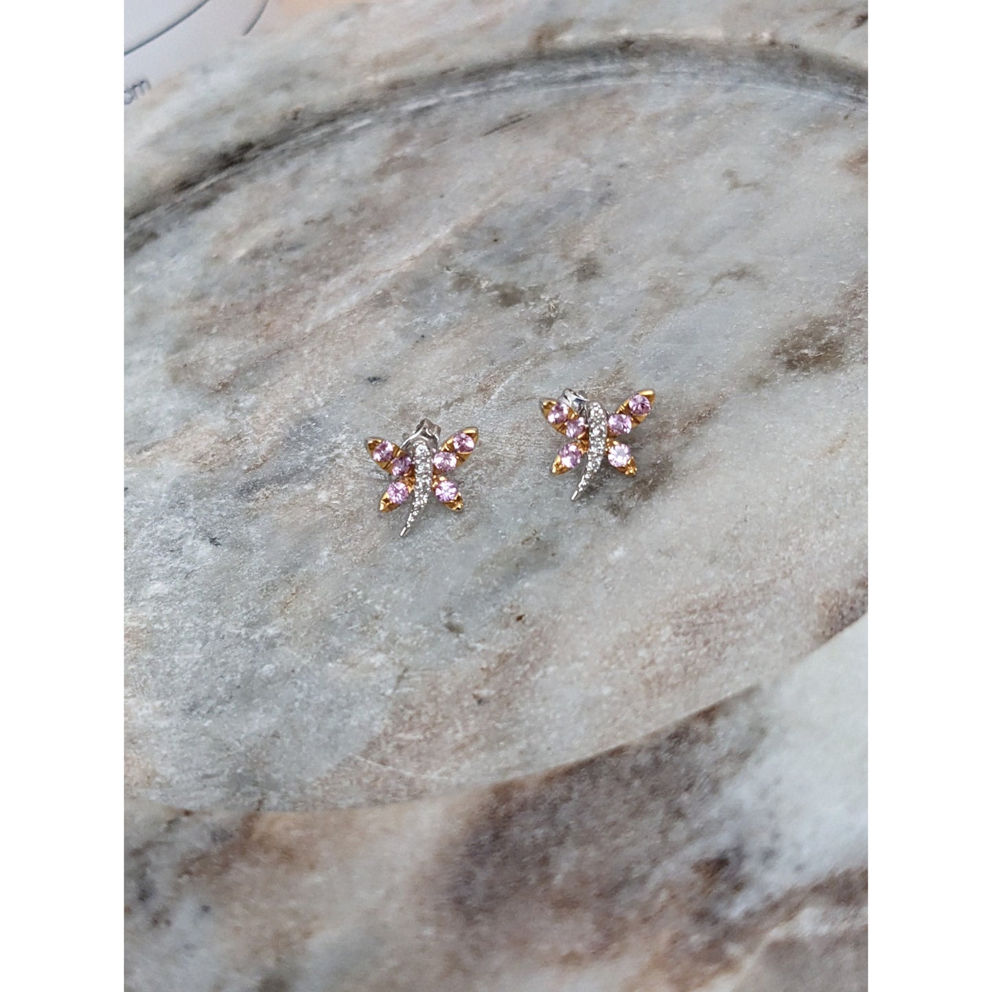 Estate 14k Gold Pink Sapphires and Diamond Dragonfly Stud Earrings