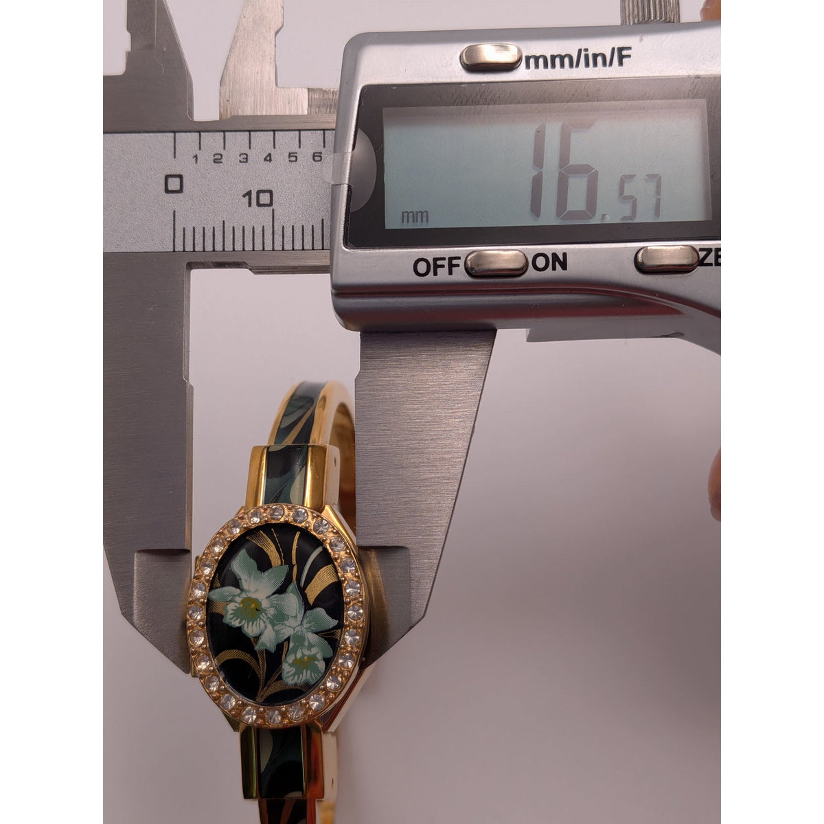 FLAW Vintage Andre Mouche Gold Tone Peekaboo Watch Green Orchid Theme