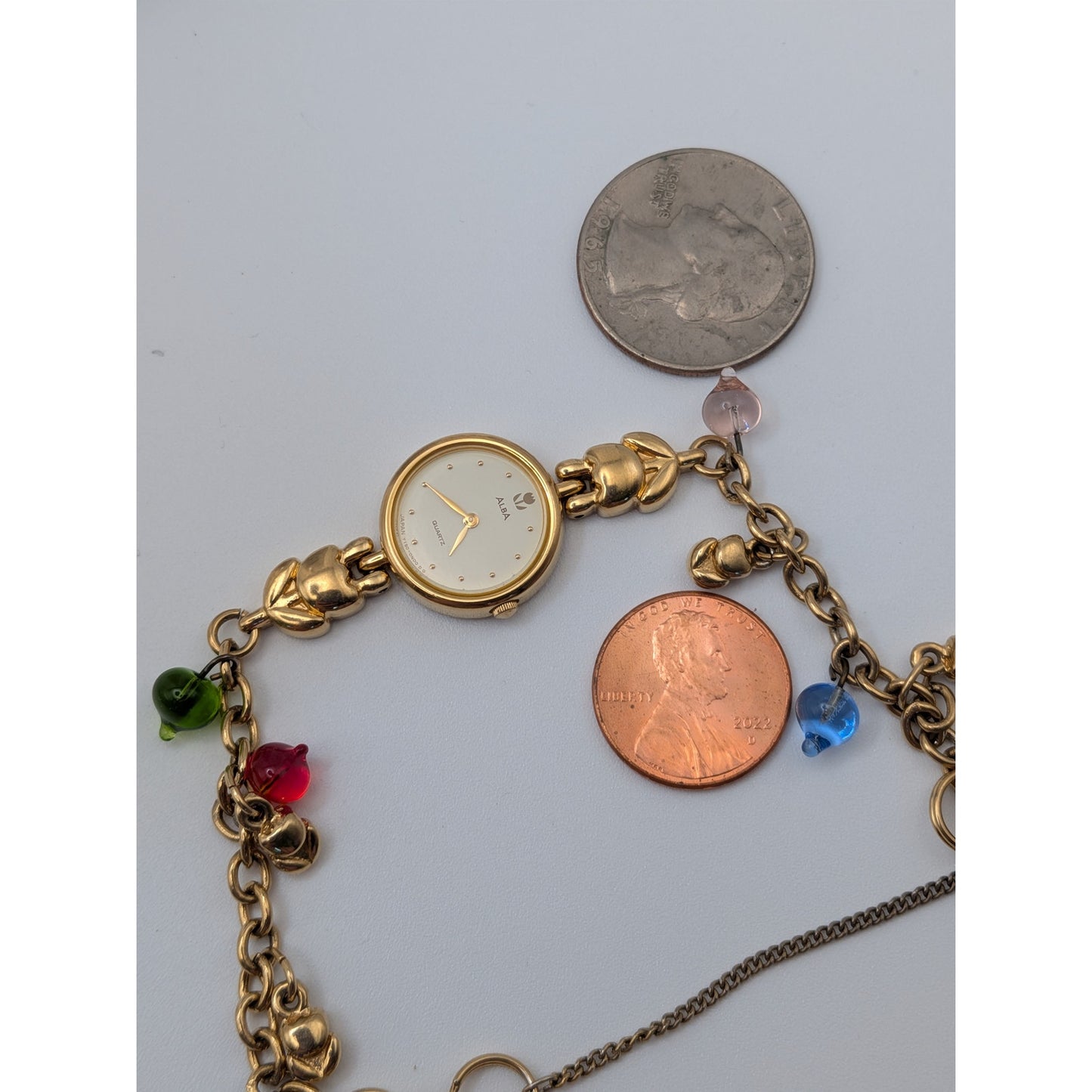 Vintage Modified Seiko Alba Gold Watch Flowers & Glass Drop Beads Charms