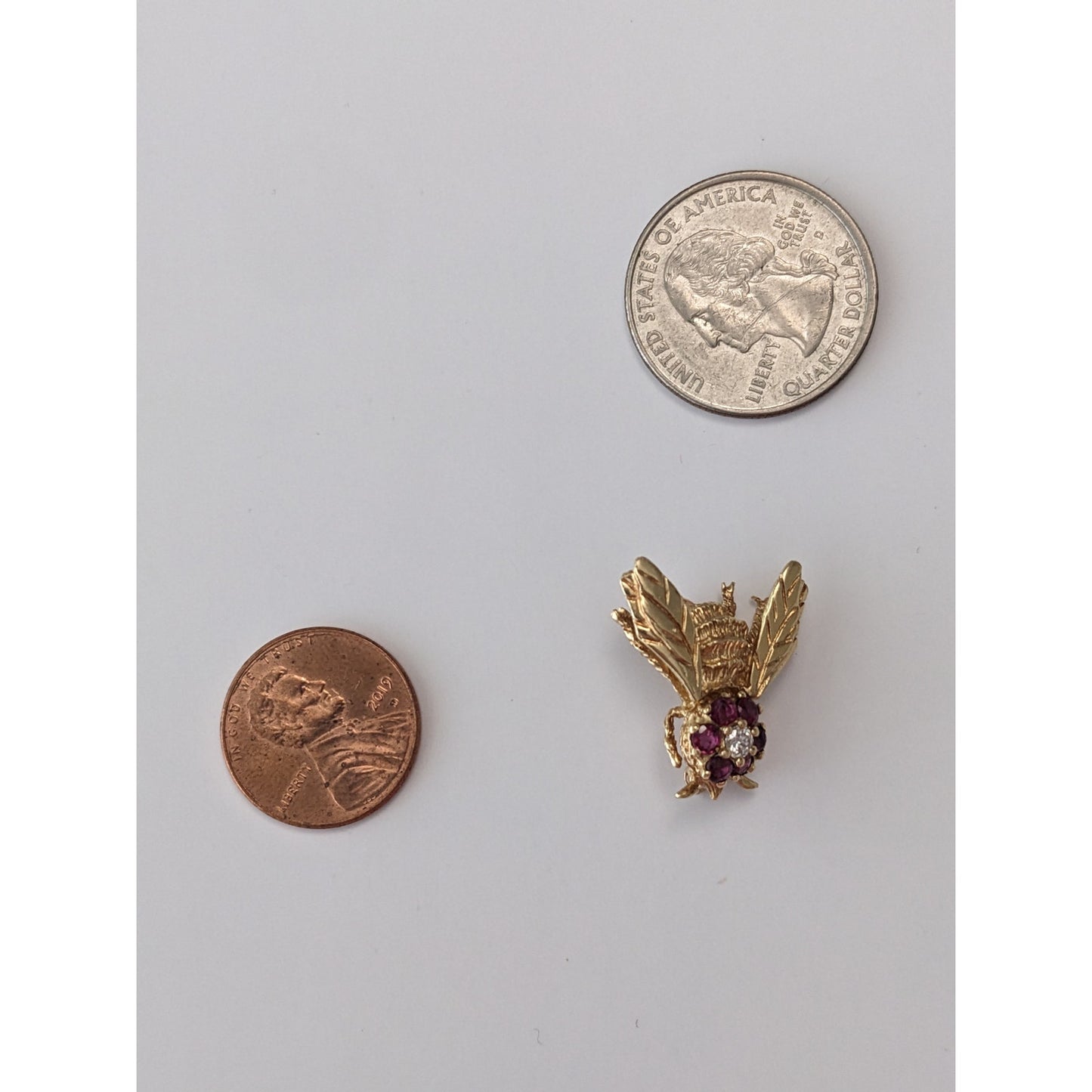 Vintage 14k Yellow Gold Ruby and Diamond Bee Brooch