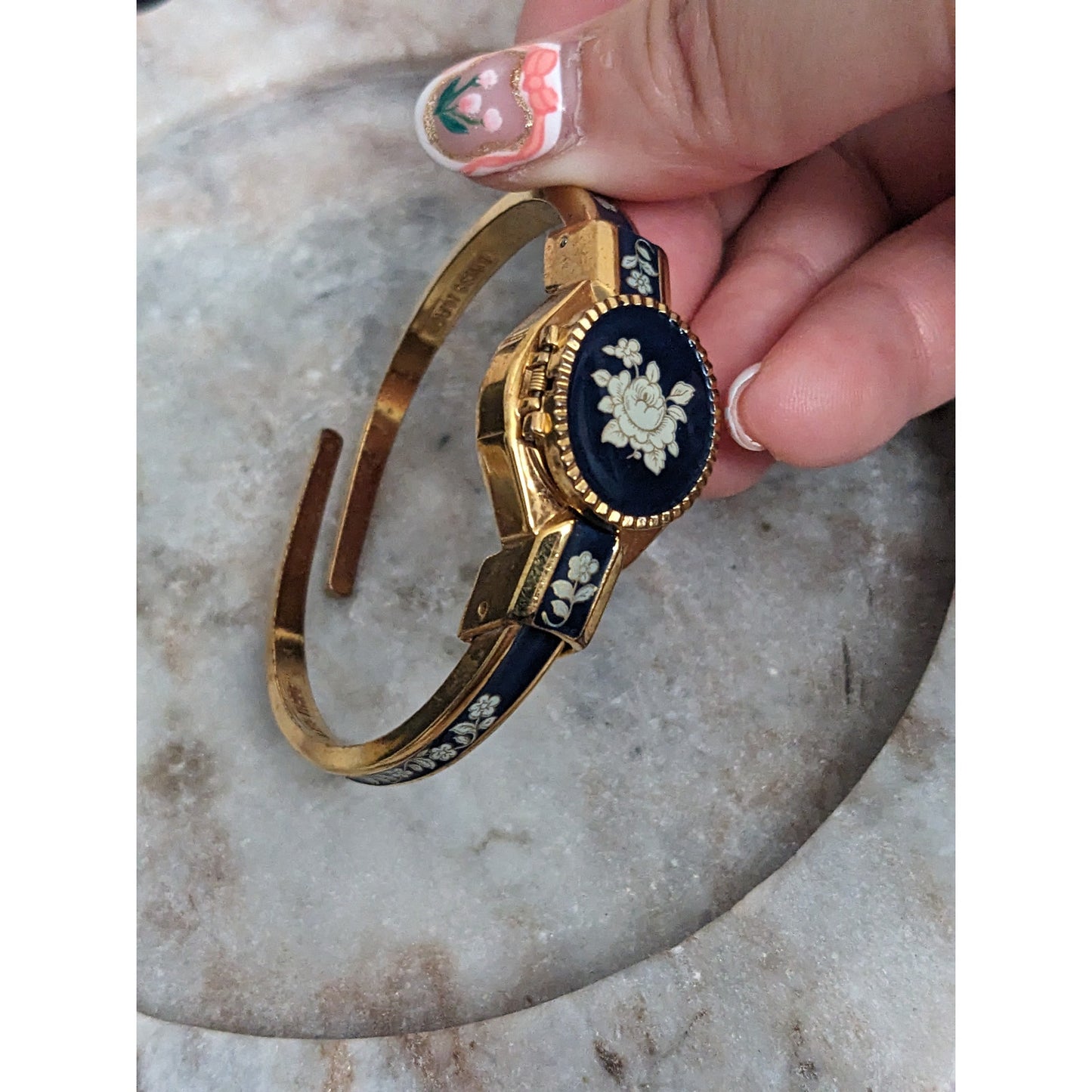 Vintage Andre Mouche Gold Tone Bangle Watch with Deep Blue Floral Enamel Working