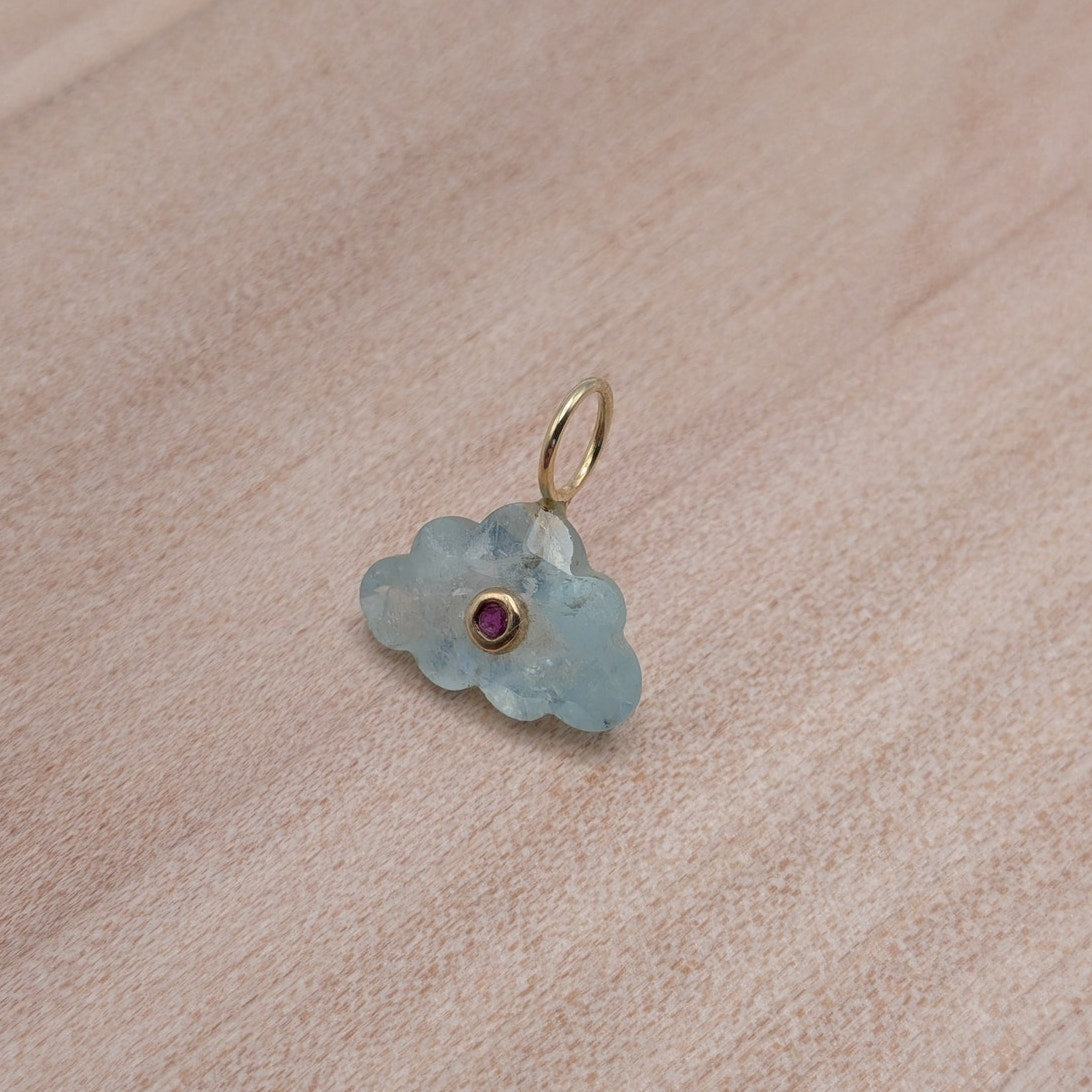 14K Gold Blue Topaz Cloud Pendant Natural Ruby Inlay Carved Gemstone