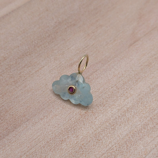 14K Gold Blue Topaz Cloud Pendant Natural Ruby Inlay Carved Gemstone