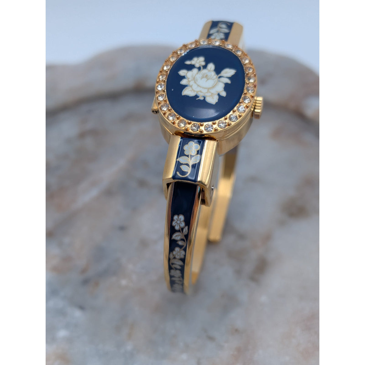 Vintage Andre Mouche Gold Tone Peekaboo Watch Blue Enamel White Flowers & Stones