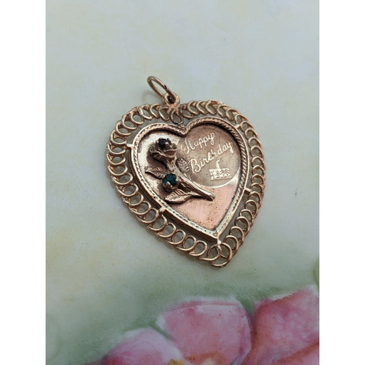 Vintage 14k Yellow Gold Jeweled "Happy Birthday" with Flower Pendant