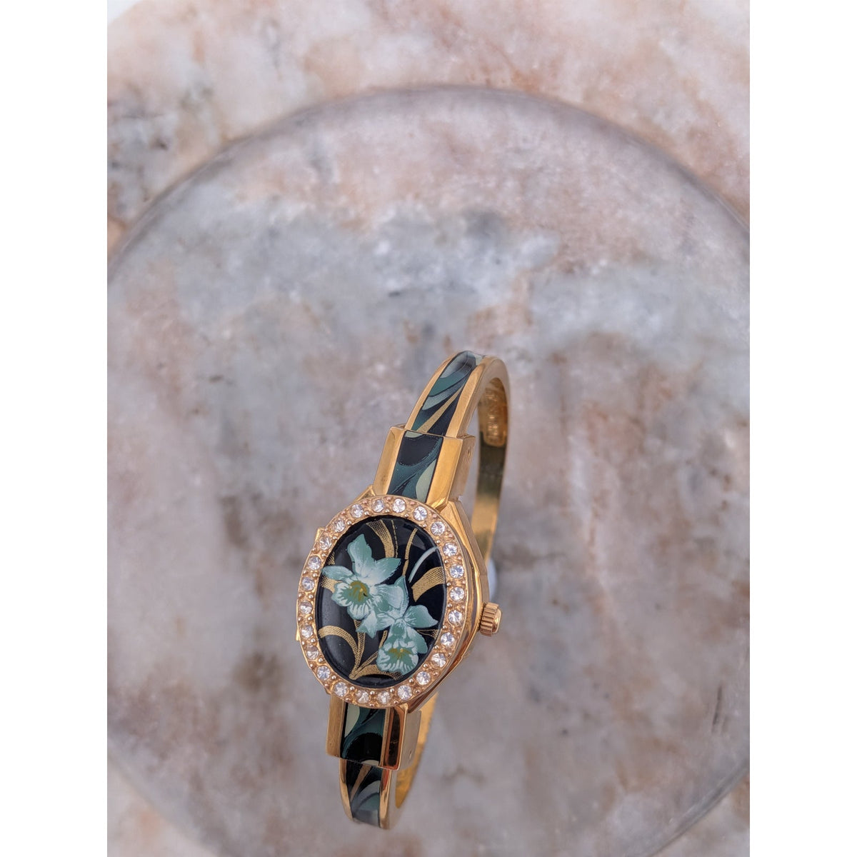 FLAW Vintage Andre Mouche Gold Tone Peekaboo Watch Green Orchid Theme